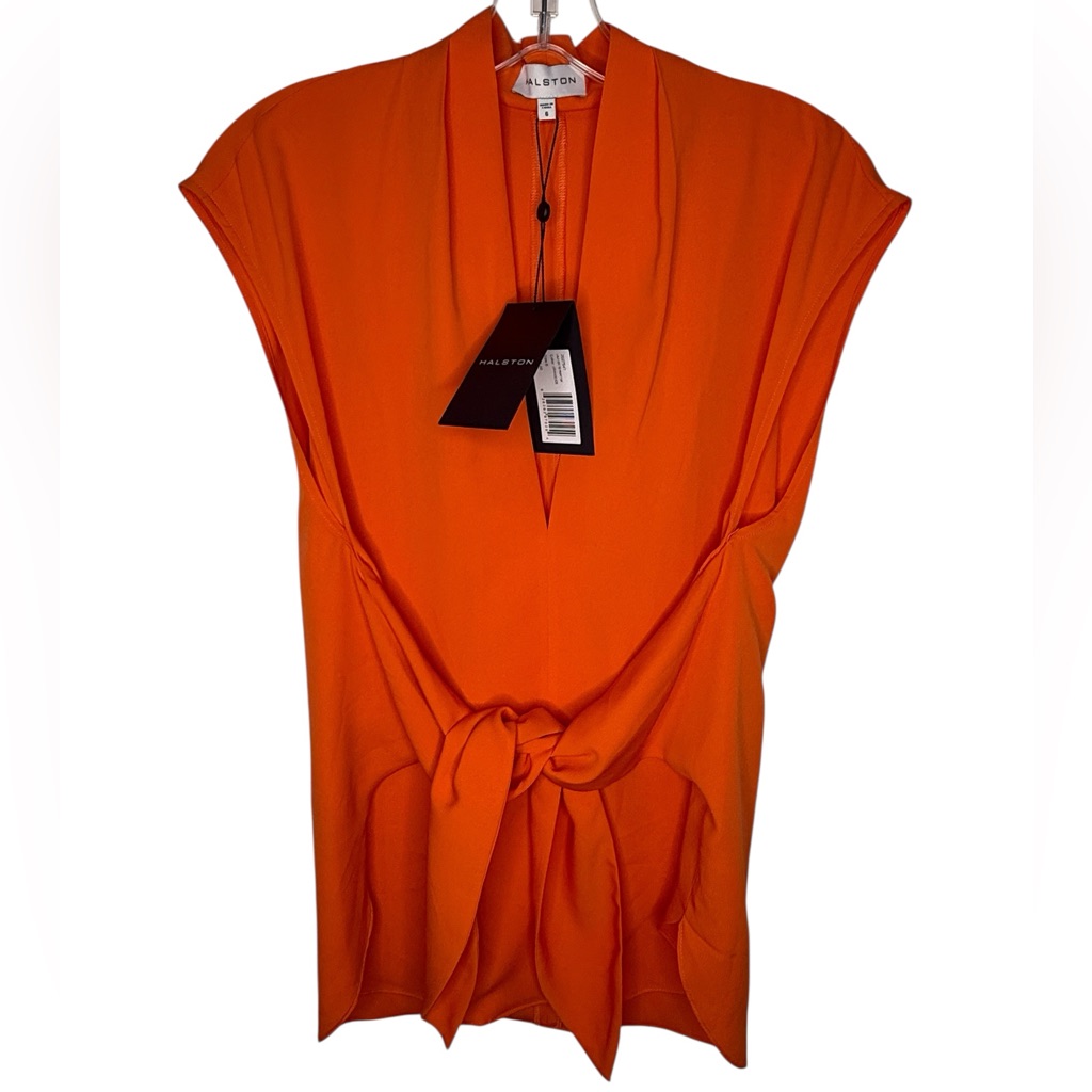 Halston Orangeade Tie Front Blouse Size 6 Lola Cdc Cap Sleeve Nwt